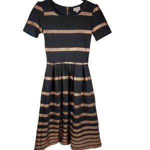 LuLaRoe Amelia Dress Black and Copper Striped XXS 0 Party Christmas New Years